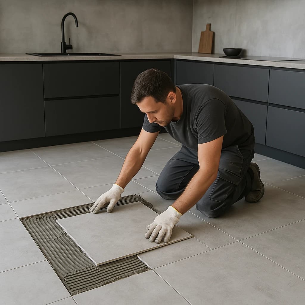 Projet : Carrelage grand format gris béton (Cuisine – Metz Devant-les-Ponts)